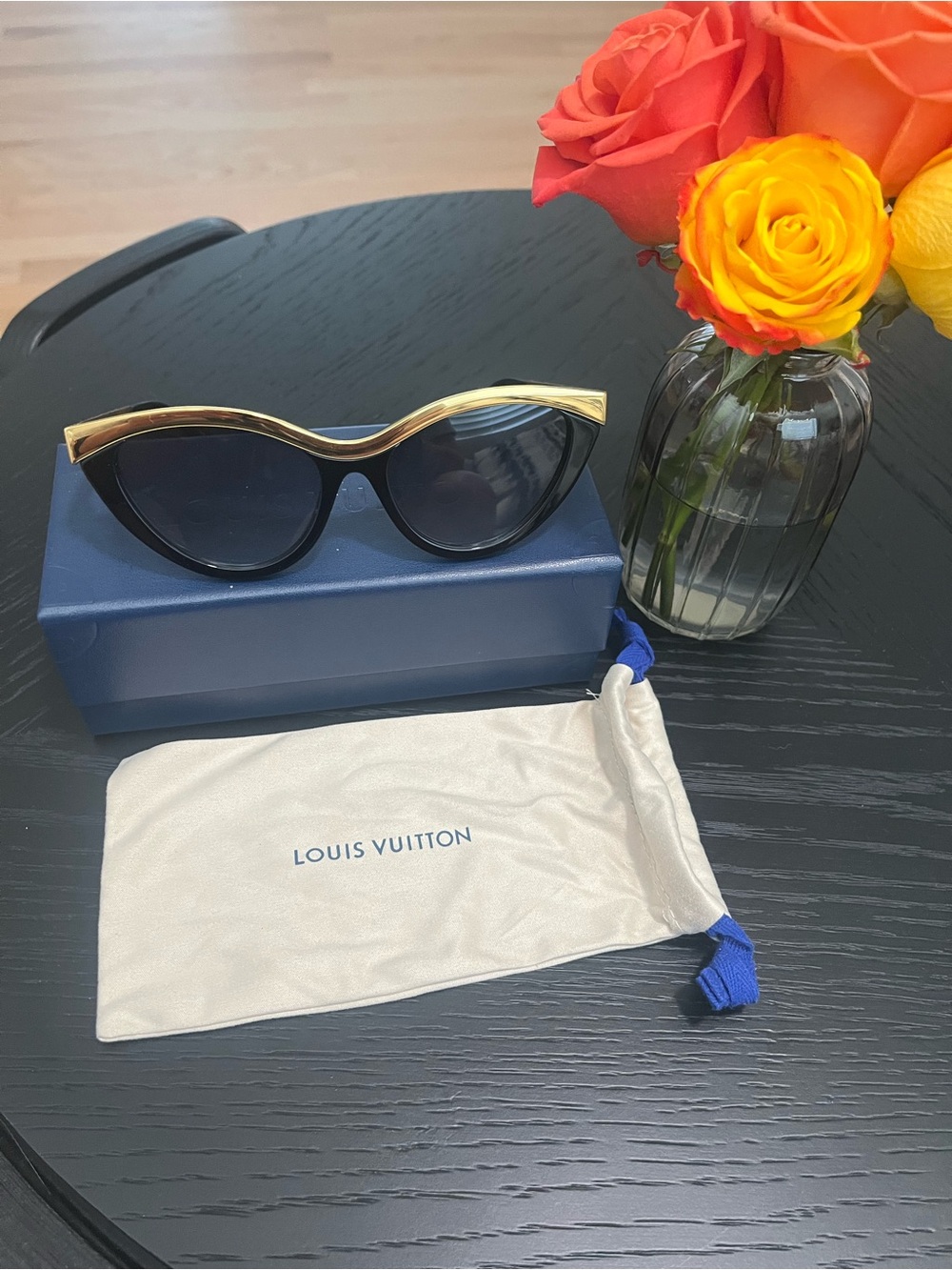Louis Vuitton Black and Gold Cat-Eye Sunglasses with Curved Top Bar